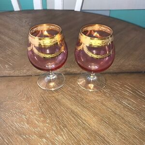 Cristal Mode 6” Iridescent Brandy/wine Glasses Gold Trim, Italian Glass 2ea
